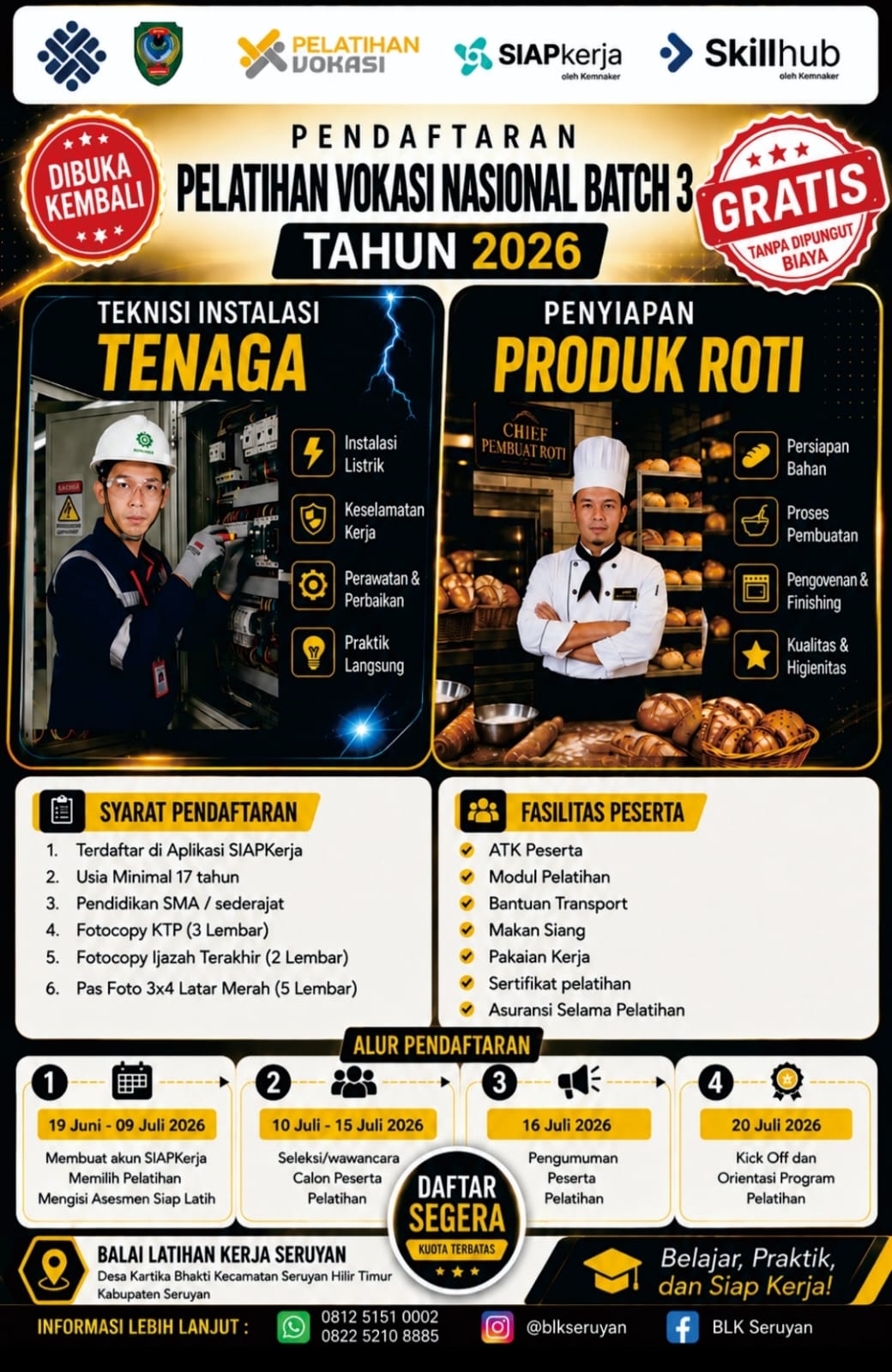 Pendaftaran Pelatihan Vokasi Nasional Batch 3 Tahun 2026 Resmi Dibuka di BLK Seruyan