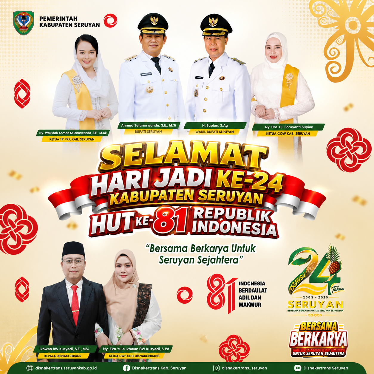Dinas Tenaga Kerja dan Transmigrasi Kabupaten Seruyan Sampaikan Ucapan Selamat Hari Jadi ke-24 Kabupaten Seruyan dan HUT ke-81 Kemerdekaan RI