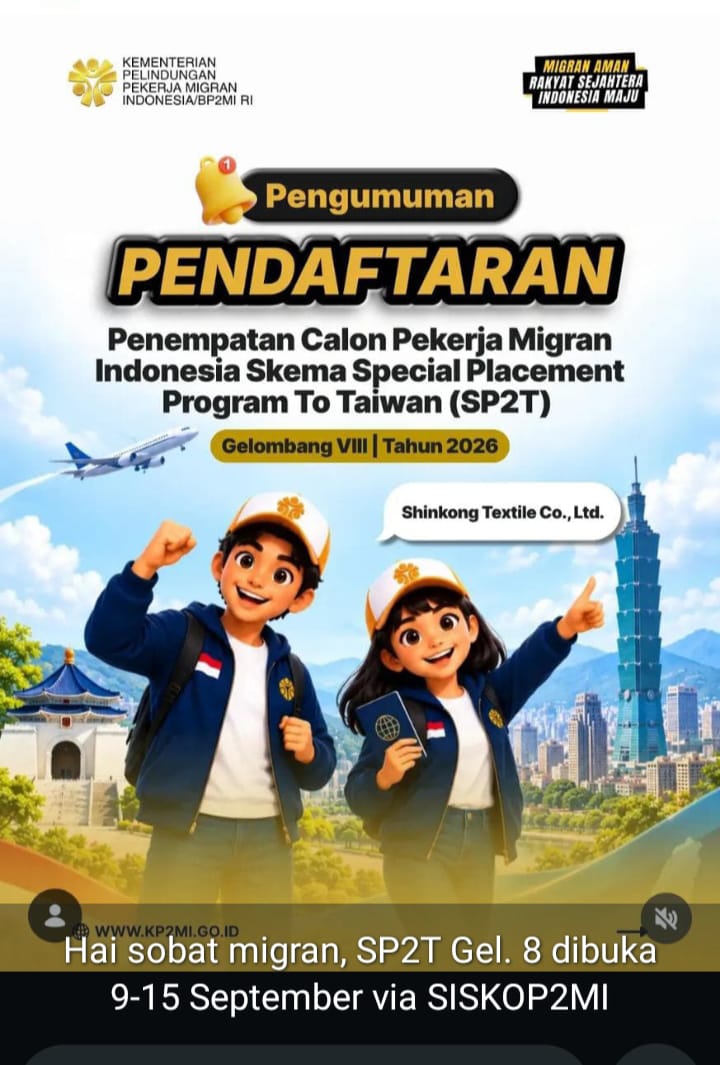 Peluang Kerja ke Taiwan Dibuka, Program SP2T Gelombang VIII Tahun 2026 Membuka Kesempatan bagi Calon Pekerja Migran Indonesia
